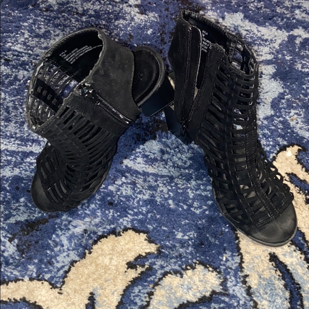 Black suede caged peep toe